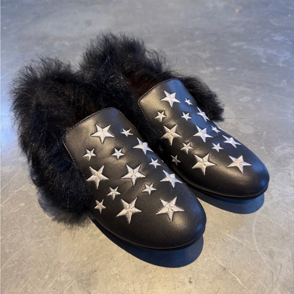 Kids: Star Embellished Black Fur Loafers - great condition